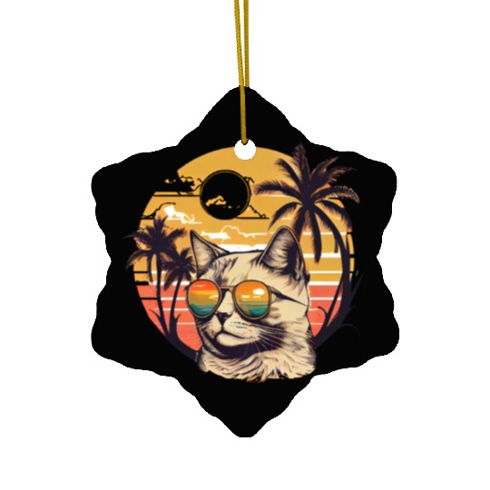 Retro Cat Vintage Sunset 80s 90s Sunglasses Party Ceramic Ornaments