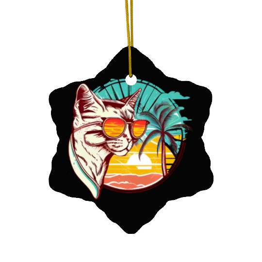 Retro Cat Vintage Sunset 80s 90s Sunglasses Party Ceramic Ornaments