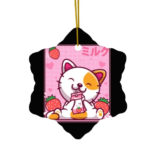 Kawaii Kitten Cute Cat Strawberry Milk Shake Ceramic Ornaments