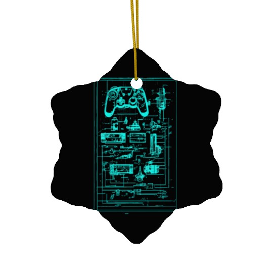 Neon Teal Video Game Controller Blueprint Ceramic Ornaments