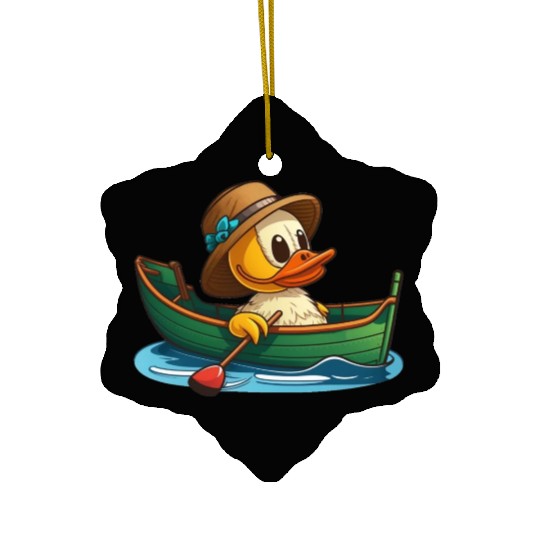 Cute duck in rowboat with summer hat and flower Ceramic Ornaments