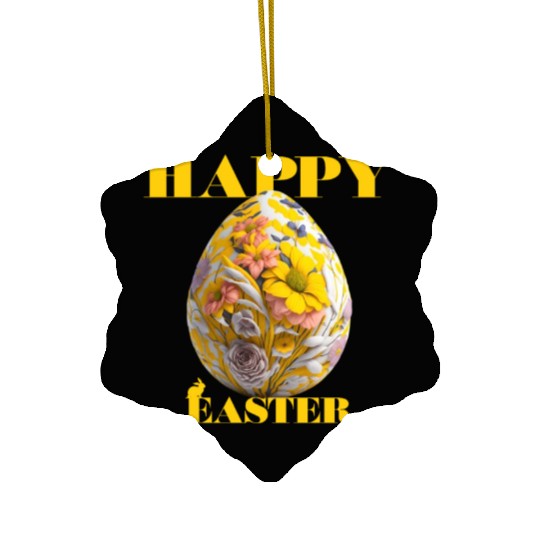 Happy Easter Egg Design with Floral Elements Ceramic Ornaments