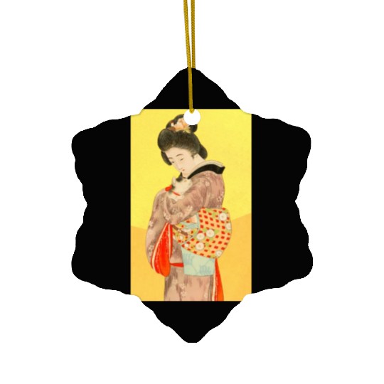 Geisha in Kimono with Cat Retro art Ceramic Ornaments