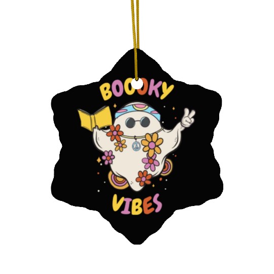 Reading Teacher Halloween Groovy Floral Ghost Ceramic Ornaments