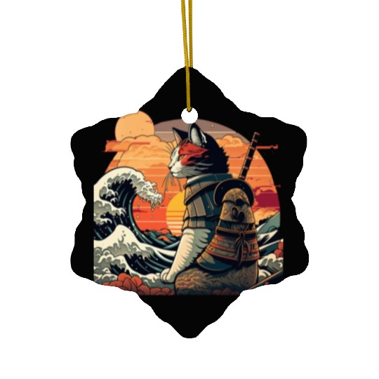 Retro samurai cat The Great Wave Hokusai Ceramic Ornaments