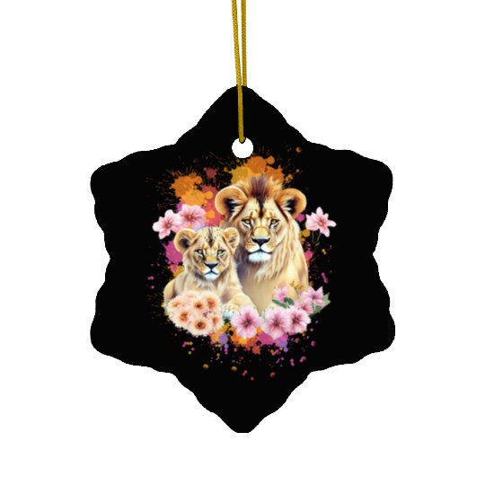 Lion Mom & Son Cubs with Flower Watercolor Ceramic Ornaments