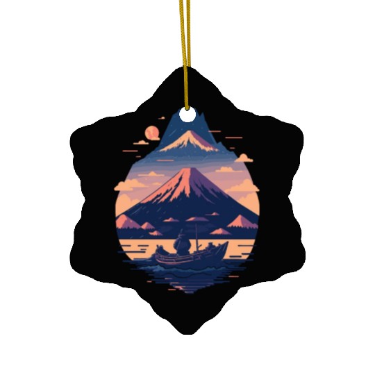 Serene Mount Fuji Sunset Peaceful River Scenery Ceramic Ornaments