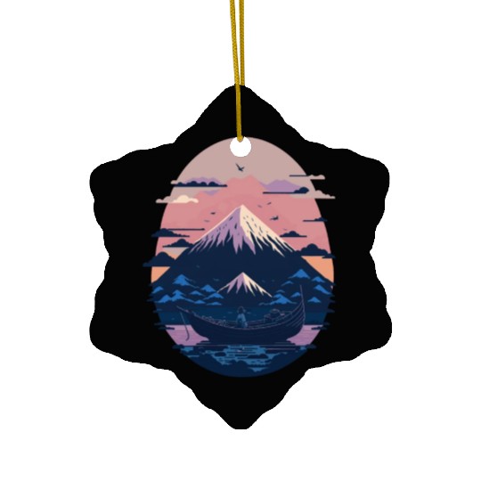 Serene Mount Fuji Sunset Peaceful River Scenery Ceramic Ornaments