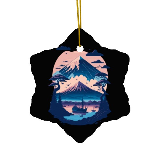 Serene Mount Fuji Sunset Peaceful River Scenery Ceramic Ornaments