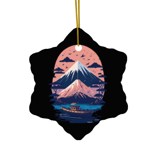 Serene Mount Fuji Sunset Peaceful River Scenery Ceramic Ornaments