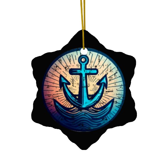 Sailing Motor Boat Anchor Around Sunset Ceramic Ornaments