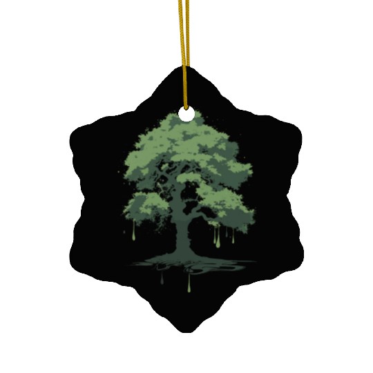 A green oak tree ink drawing Ceramic Ornaments