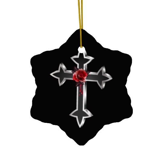 black silver colored gothic cross with red rose Ceramic Ornaments