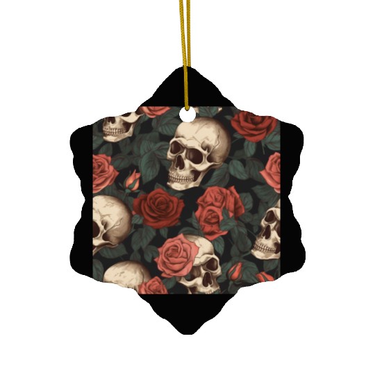 Dark Elegant Gothic Skulls & Red Roses Pattern Ceramic Ornaments