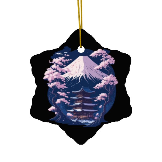 Mount Fuji and a Temple With Cherry Blossoms Ceramic Ornaments