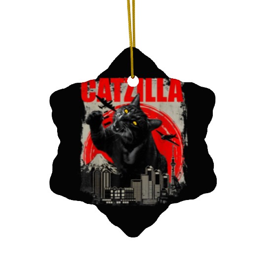 Catzilla Vintage Funny Cute Cat Art Japanese Sunse Ceramic Ornaments