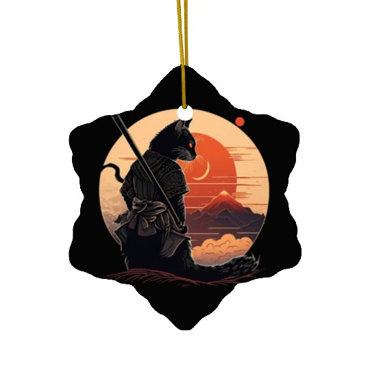 Vintage Japanese Sunset Style And Samurai Cat Kitt Ceramic Ornaments