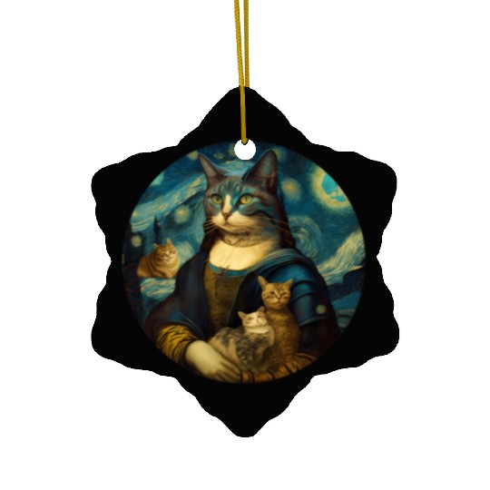 Mona Lisa With Cats Starry Night Van Gogh Painting Ceramic Ornaments