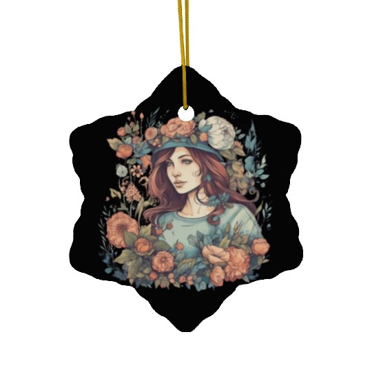 Summer girl Boho flowers vintage woman in nature Ceramic Ornaments