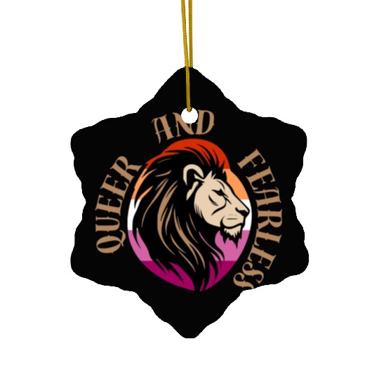 LGBTQ Queer and Fearless, Lion with Lesbian Flag Ceramic Ornaments