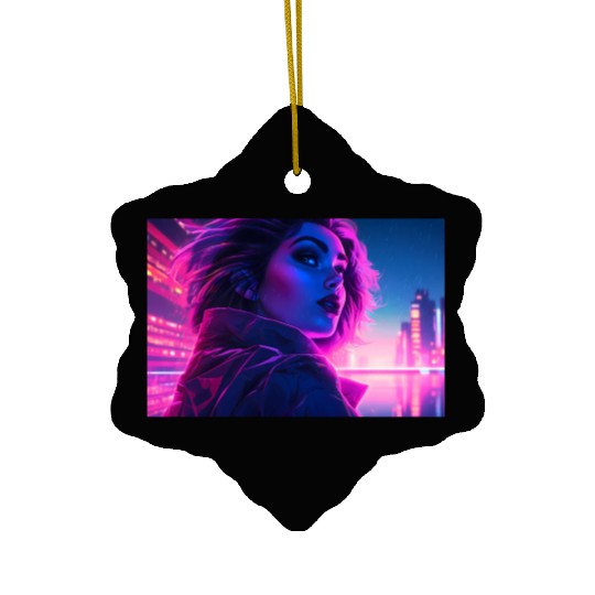 Synthwave Girl - Futuristic Design neon colors Ceramic Ornaments