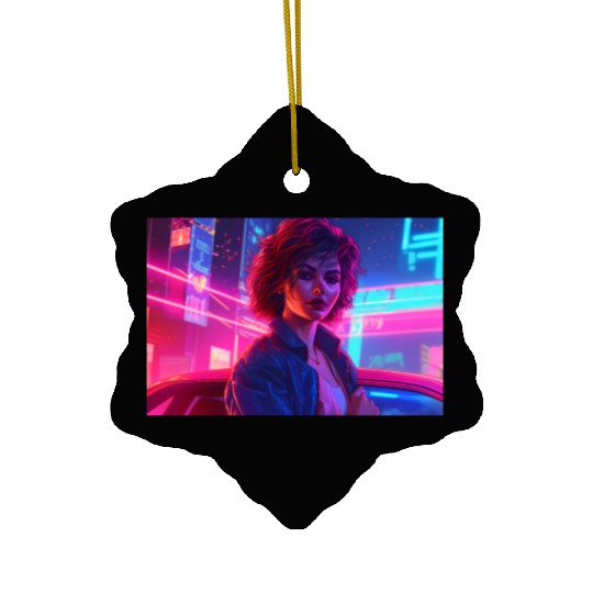 Synthwave Girl - Anime Portrait in Neon Colors Ceramic Ornaments
