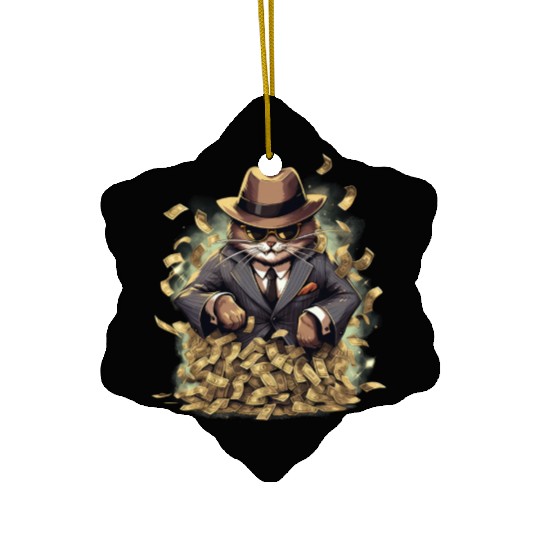Gangster Cat Dressed In A Stylish Suit And Cash Ceramic Ornaments