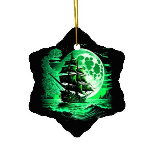 Historical Sailing Ship At Full Moon. Ceramic Ornaments