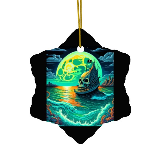 Pirate Ship With A Skull At Full Moon Ceramic Ornaments