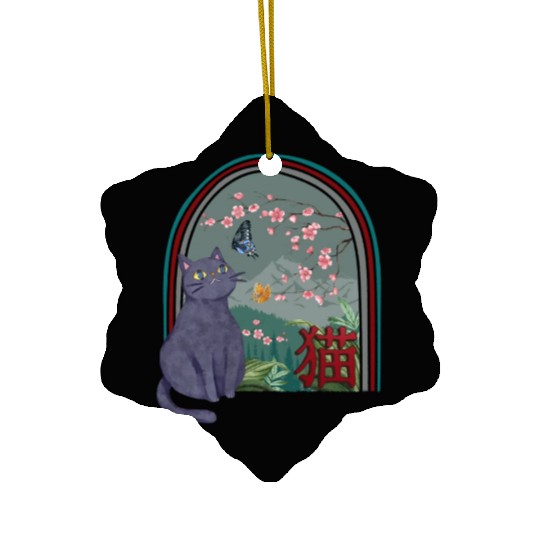 Cherry Blossom Ceramic Ornaments, Cherry Blossom Cat Vintage