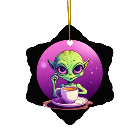 midnight Coffee: The Green Alien Drinker Ceramic Ornaments