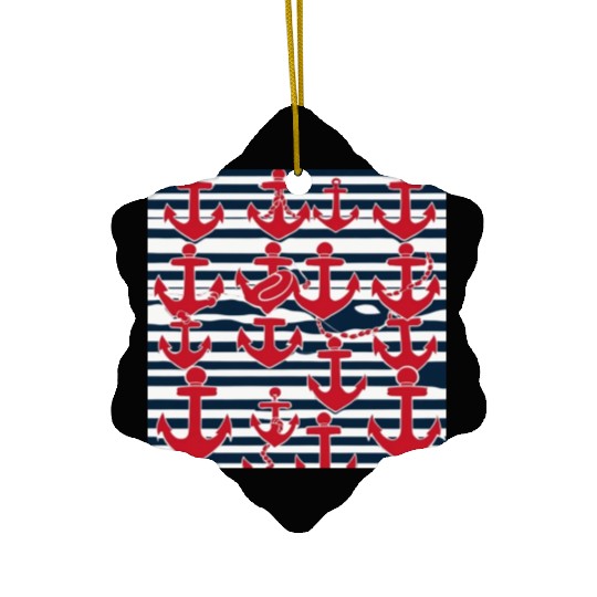 classic nautical horizontal white and navy blue Ceramic Ornaments