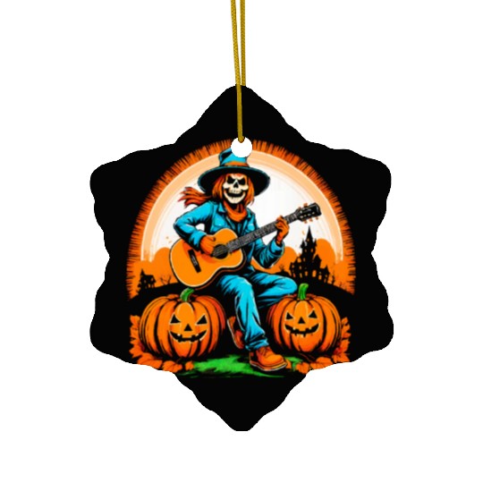 Happy Halloween scarecrow plays guitar Ceramic Ornaments