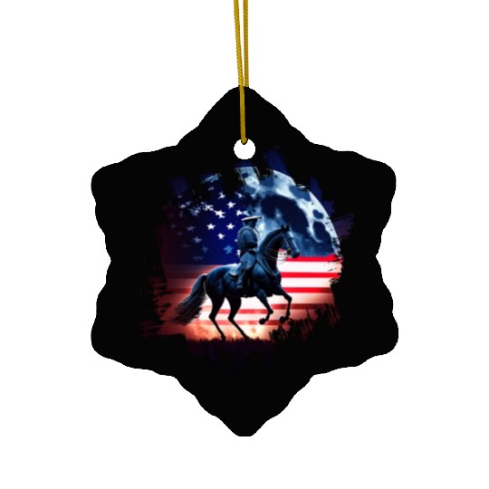 America horse under Moon with American Flag Ceramic Ornaments