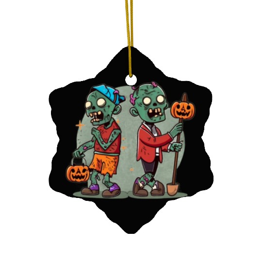 Trick or Treat Zombie Duo Halloween Design Ceramic Ornaments