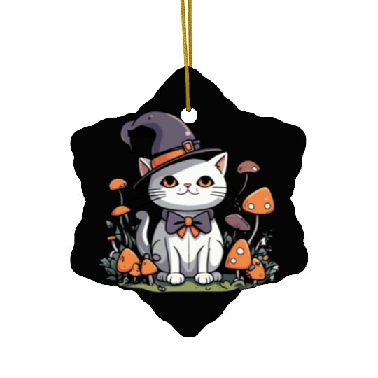 Whimsical Witch Cat with Mushrooms Ceramic Ornaments