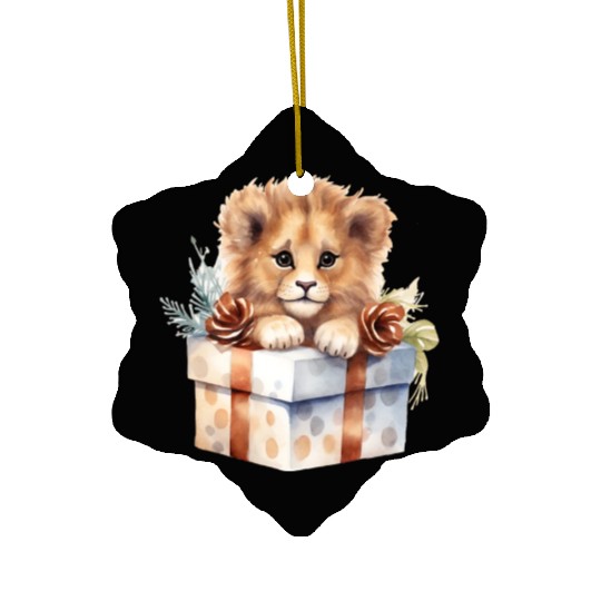 African Lion inside a Christmas gift box Ceramic Ornaments