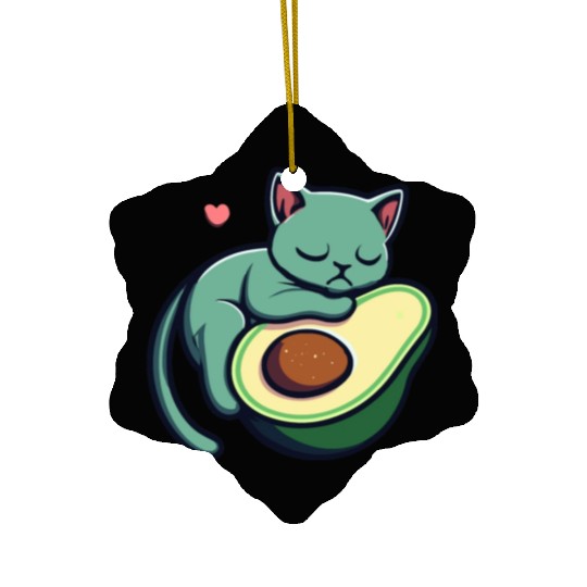 Green Cat Sleeping On An Avocado With Heart Ceramic Ornaments