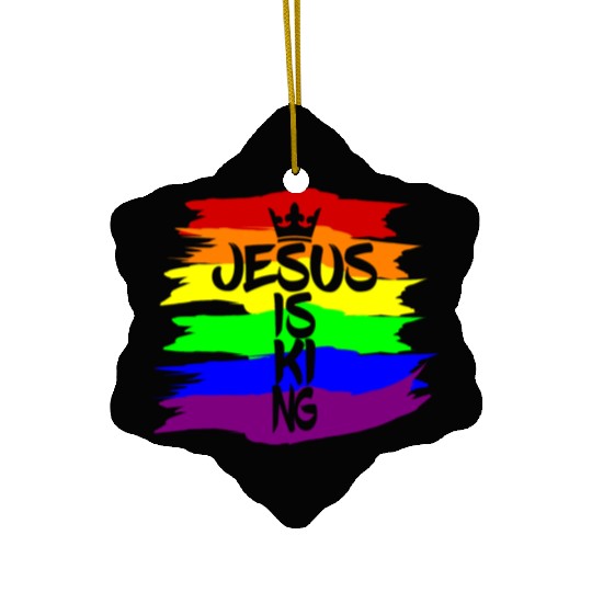 Queer Jesus is King Cross Crown Rainbow Colors Ceramic Ornaments