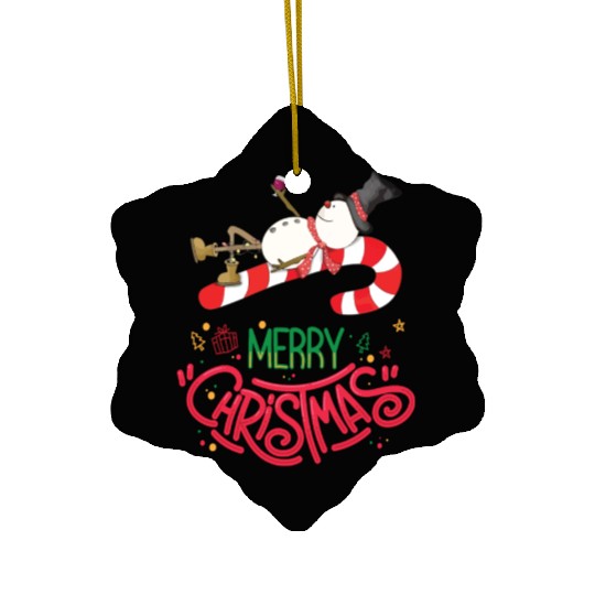 Merry Christmas Snowman, Lying On Candy Cane Ceramic Ornaments