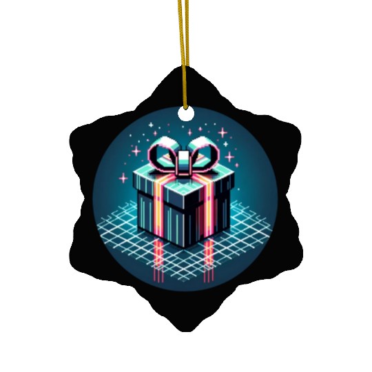 Cyberpunk Pixel Art Gift Box - Neon Ribbons Ceramic Ornaments