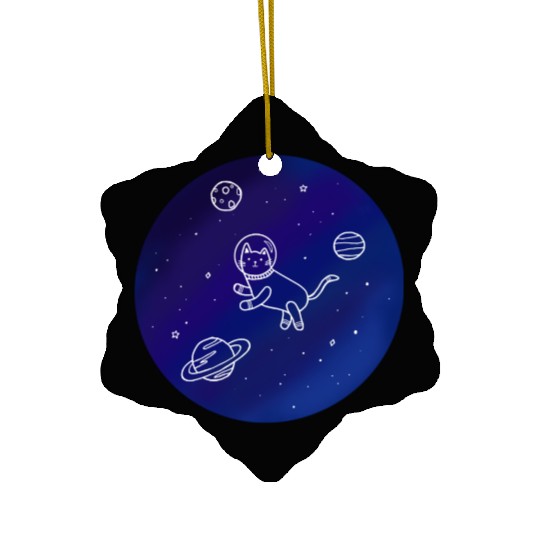 Doodle-Style Hand Drawn Space Cat Ceramic Ornaments