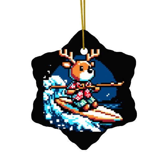 Surfing Reindeer: 8-Bit Holiday Wave Ceramic Ornaments