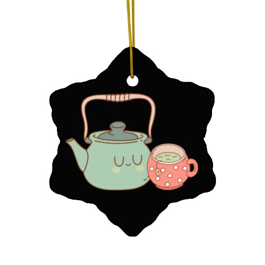 Tea Kettle and Cup of Green Tea Ceramic Ornaments
