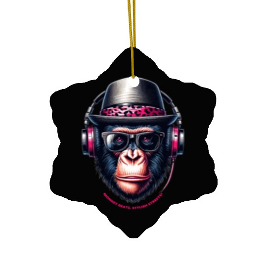 Cartoon Monkey With Headphones, Glasses And Hat Ceramic Ornaments