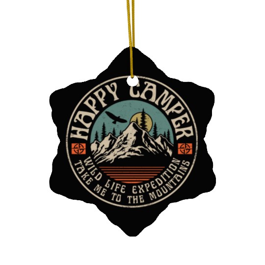 HAPPY CAMPER VINTAGE MOUNTAINS Ceramic Ornaments