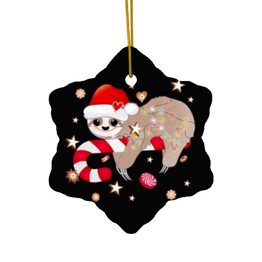 funny sloth with candy cane for Christmas Ceramic Ornaments