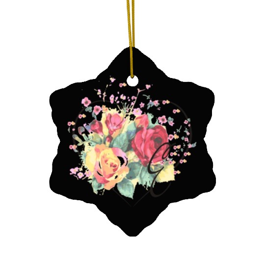 Letter E Monogram Floral Roses Heart Ceramic Ornaments