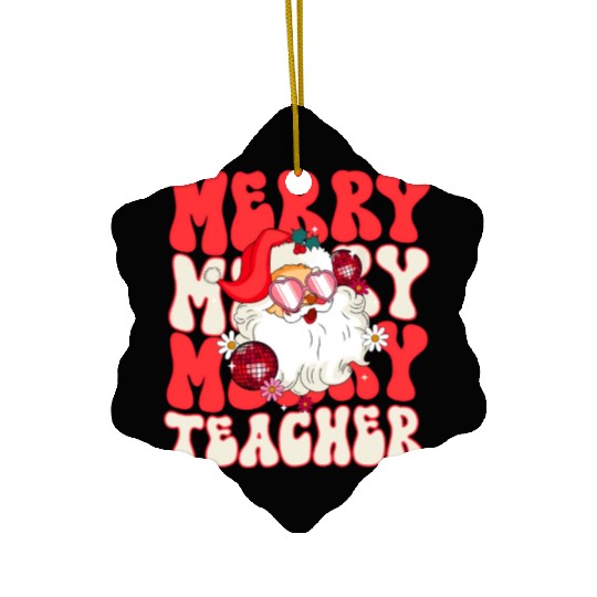Merry Teacher Christmas Retro Wavy Pink Teacher Ceramic Ornaments
