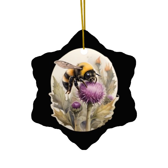 Bumblebee on thistle watercolor Ceramic Ornaments